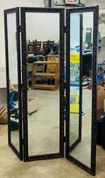 R0  3-panel Mirrored Dressing Screen Featuring A Carved Brown And Gold Resin Frame