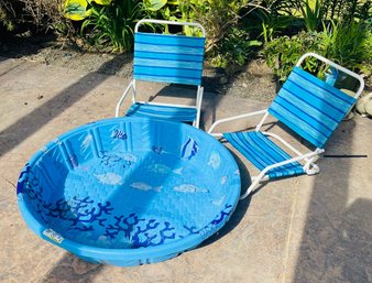 R00 Kids Pool 8in Tall 43in Diameter Plus Two Low Profile Beach Chairs 22in Tall Foldable