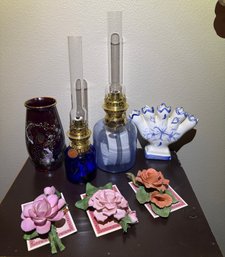 R1 Two Oil Lamps, Five Finger Vase, Peacock Vase, Three Porcelain Roses