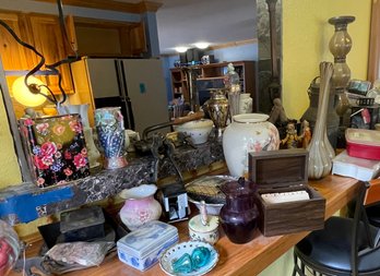 Vases, Vintage Wine Opener, Lamp Without Shade, Sewing Kits, Cameras, And Figurines