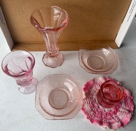 Vintage Pink Depression Glass Collection & Crocheted Doily