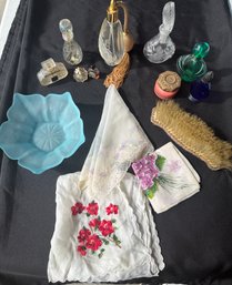 Vintage Vanity Collection – Perfume Bottles, Handkerchiefs, Trinket Bowl & Brush