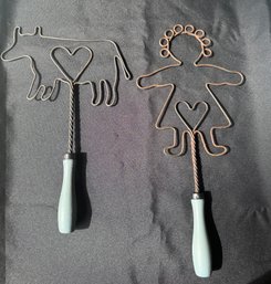Vintage Wire Cow & Girl Carpet Beaters With Wood Handles