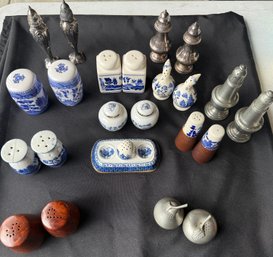 Vintage Salt & Pepper Shaker Collection – Blue & White, Pewter, Silver Plate & Wood