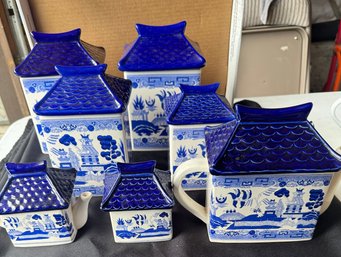 Blue Willow Asian-Style Pagoda Teapots & Canister Collection