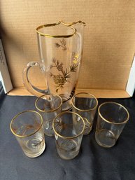 Vtg MCM Gold Pinecone & Pine Branch Pitcher With 5 Glasses