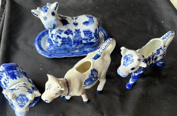 Blue & White Willow-Style Cow Butter Dish, Creamer & Sugar Bowl