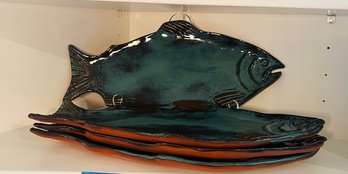 R2 Vintage Thora Ovenware Terracotta Fish Platters With A Cobalt Blue Glaze Qty (4)