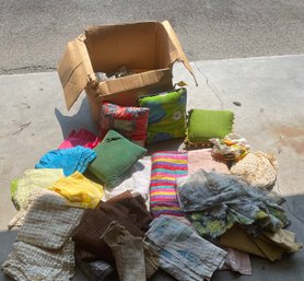 Box Of Linens Including Pillows, Blankets, Pillowcases, And Fabrics