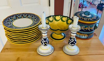 R2 Deruta Made In Italy Plates, Candle Holders, Serving Tray, Jar With Lid