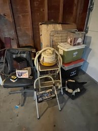 Rm10 Garage Lot To Include Twin Cot Frame Only, Folding Table And Chairs In Box, Step Stools, Cooler Chest