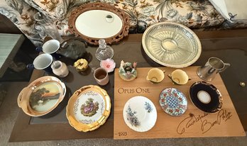 R1 Pewter Cup, Silverplated Gallery Tray With Glass Insert, Wood Mirror, Teapot, Cups,saucers, Candlestick