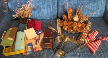 Rm8 Brass Bird Decor, Glasses, Lace, Small Flags, Bird Decor, And Other Small Hone Decorations