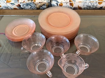 R1 Macbeth-Evans Pink Glass Cups, Saucers, Creamer,salad Plates In Dogwood Pattern