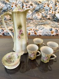 R1 Vintage/antique Nippon Handpainted Coffee/tea Pot, Tea Strainer, Four Cups