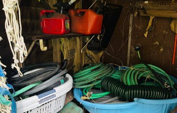 S2 Garden Supplies Several Garden Hoses, Sprinklers, Nozzles Plus Gas Cans