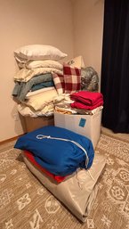BR1 Linens Lot To Include Pillows, Sheets, Duvets, And Other Bedding