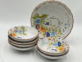 R1 Hand-Painted Sicilia Pasta Serving Bowl & 6 Pasta Bowls