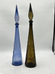 R2 Vintage Empoli Blue & Green Glass Genie Bottles  22.5' & 23'
