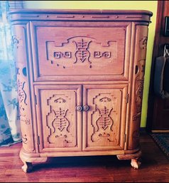 Vintage George Zee Flip Top Asian Dry Bar Cabinet Mid Century Hand Carved 1960s