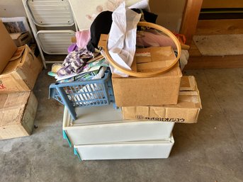 R0 Big Lot Of Various Linens And Fabrics, Boxes Of Fabric, Baskets Of Linens, And Two Plastic Containers
