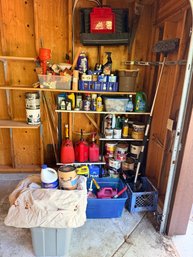 R0 Lot Of Paint, Paint Supplies, Paint Drop Cloths, Thinner, Fuel Cans, Car Washing Items, Coolant, Oil