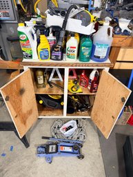 RR0 Rolling Shop Storage Cart With Car Maintenance Supplies: Jacks, Oil, Cleaners, Floor Mats & Storage Bag