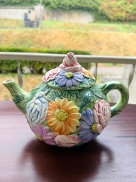 R Italian Floral Majolica Pottery Teapot, 7-Cup Capacity, Made In Italy