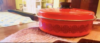 R3 Vintage Orange Enamelware Saucepan W/Lid And Purple Floral Design Mid-century Modern 70s