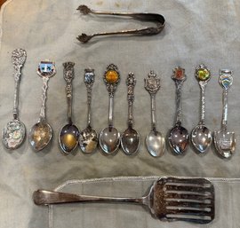 R4 Collectors Spoons And Two Pieces Of Silver Plate Serving Ware