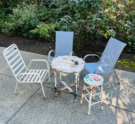 R00 Highback Patio Chairs, Wood Table And Stool