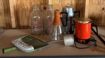 R0 Vintage Lot Of Kitchen Ware And Others Such As Lambert Dairy Shop Glasses, West Bend Hot Pot, Kettle