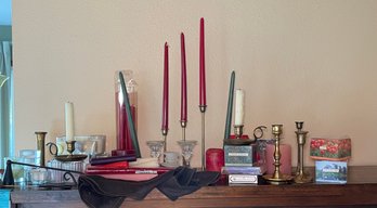 R2 Collection Of Candlestick Holders And Used Candles And Table Linens  And Napkin Holders