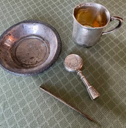 R2 Sterling Stamped Baby Cup, Rattle, Bowl, And Maybe A Piece That Used To Belong To A Comb( Not Marked)