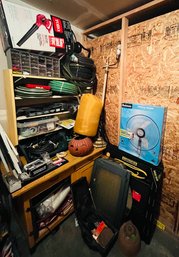 S7 Garage Shelving Unit Stacked With Tools, Toro Leaf Blower Vac, Garden Hoses, Sawhorses, Mirrors, Tv Tables