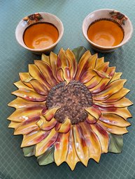 R3 Stonelite Clay Art Sunflower Platter And Two Bowls
