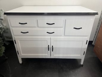 W1 Hoosier Style Top Cabinet Enameled Metal Top, Wood Framed With Caster Feet