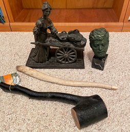 R4 Molly Malone Small Sculpture, Small Bust Of JFK, Irish Shillelash, And A Carved Stick