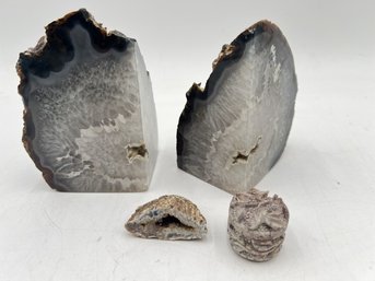 R1 Quartz Crystal Geode Book Ends, Carved Trinket Box And Small Split Geode With Open Crystals