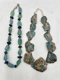 R2 Natural Raw Sapphire And Green Quartz Necklace And Blue Aqua Terra Jasper Slab Necklace
