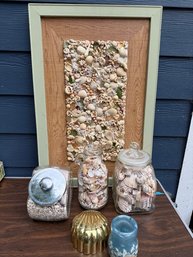 Large Seashell Wall Art, Three Jars Of Loose Seashells, Gold Toned Shell Box, Small Blue Shell Themed Vase