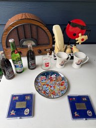 Coca Cola, Pepsi Cola, 7up Vintage Memorabilia Includes Clock, Phone, Plate, Pins, Full Bottles And Cups