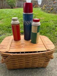 Basket And Three Vintage Thermos