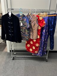 R2 Asian Style Clothing. Pajama Pants, Wrap Skirt Dress, Tops And Velvet Jacket. Several Marked Silk