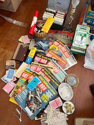 Gentleman's Desk/office Supplies.  1970s Hot Rod Magazines, Unused Address Slide Tin, Playing Cards,