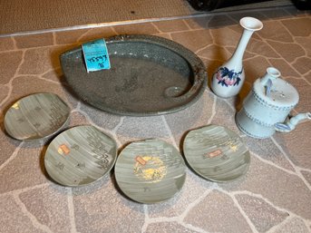 R11 Japanese Serveware, Teapot, Vase And Plates. Owner Reports Bought In Japan In 1948/49