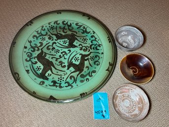 R11 Large Green And Brown Platter, Stoneware Bowls.  Owner States Bowls Bought In 1948/49 In Japan