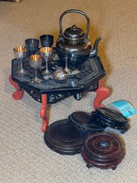 R11 Asian Styles Silverplate Teapot    Silverplate Small Cups, Mother Of Pearl Inlay  Display Stand And Variou