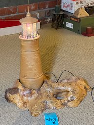 R11 Light House Lamp.  Crafted Of Wood, Glass And Metal.  Light Dims And Brightens When Plugged In.   Owner