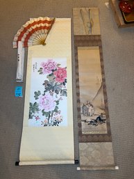 R11 Japanese Painted Scrolls. Paper Fan With Original Packaging.  Flower Scroll Appears To Be Water Color